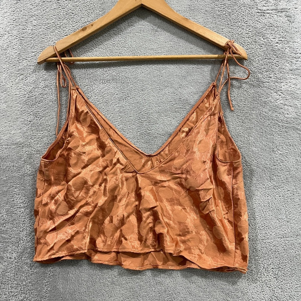 Victoria's Secret Cami Top Womens L Gold Satin Polka Dot Adjustable Tie Straps